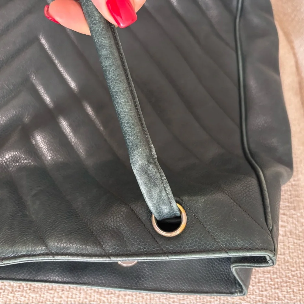 Authentic CHANEL Chevron leather V stitch oversized grand tote khaki green